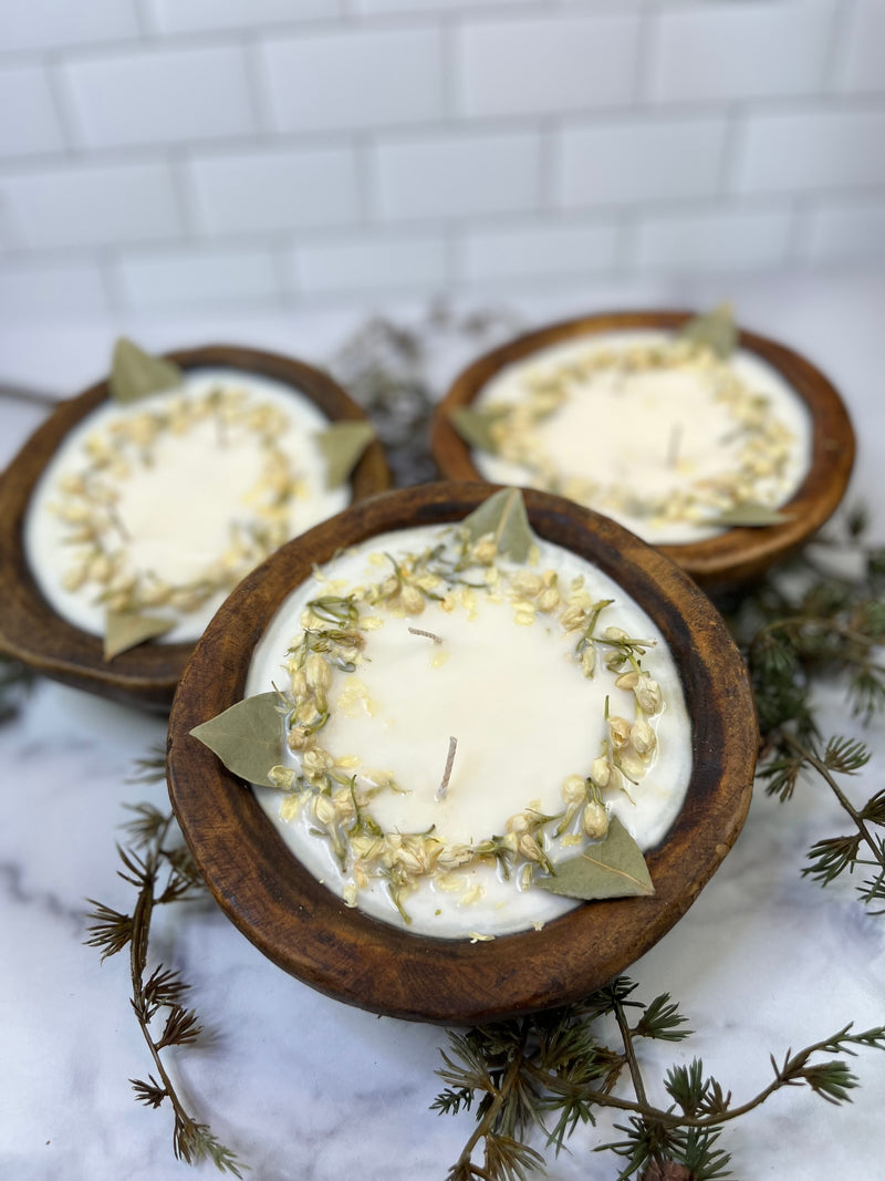 Wood Bowl Jasmine, White Tea Soy Candle (round)